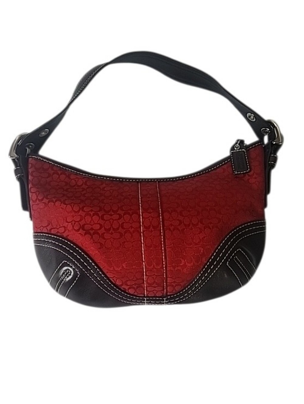 VGC COACH D062-2154 Signature Jacquard Shoulder Bag Red Y2K Brown Leather - Picture 2 of 12